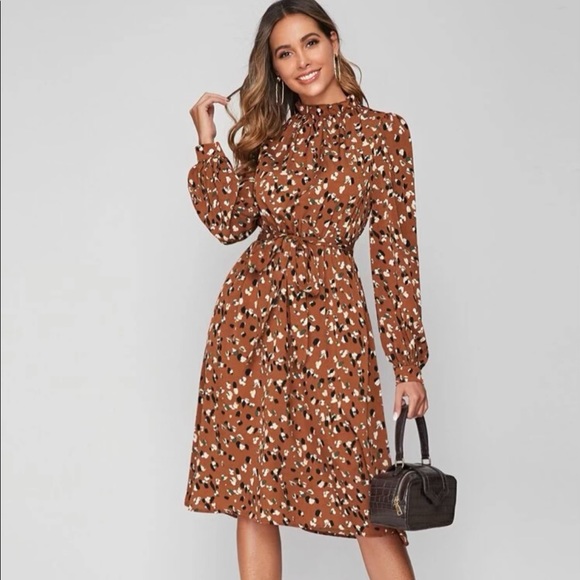 SHEIN Dresses & Skirts - SHEIN Frill MockNeck Lantern Sleeve Belted Dress